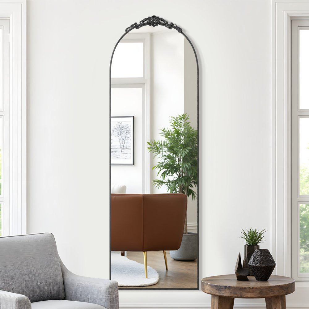 Black Aluminum Arch Freestanding Ornate Framed Accent Mirror