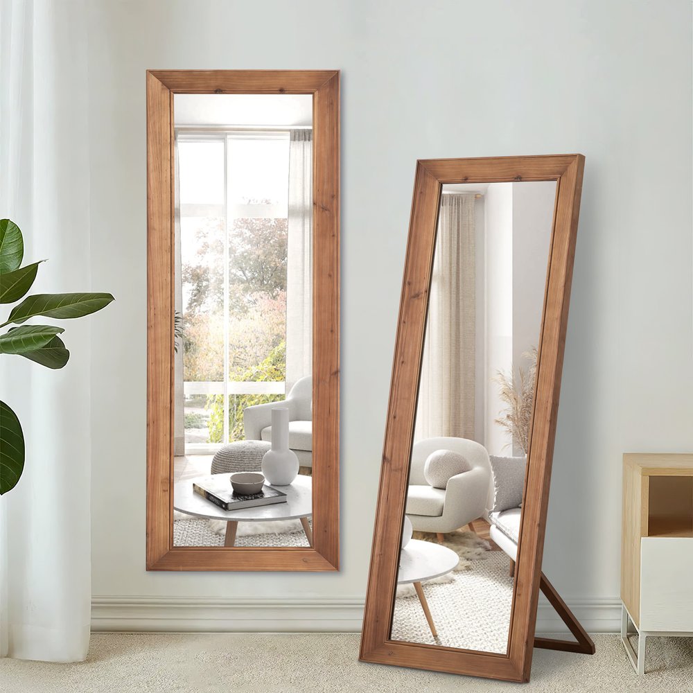 64" Brown Wood Freestanding Or Wall Mounted Framed Full Length Mirror