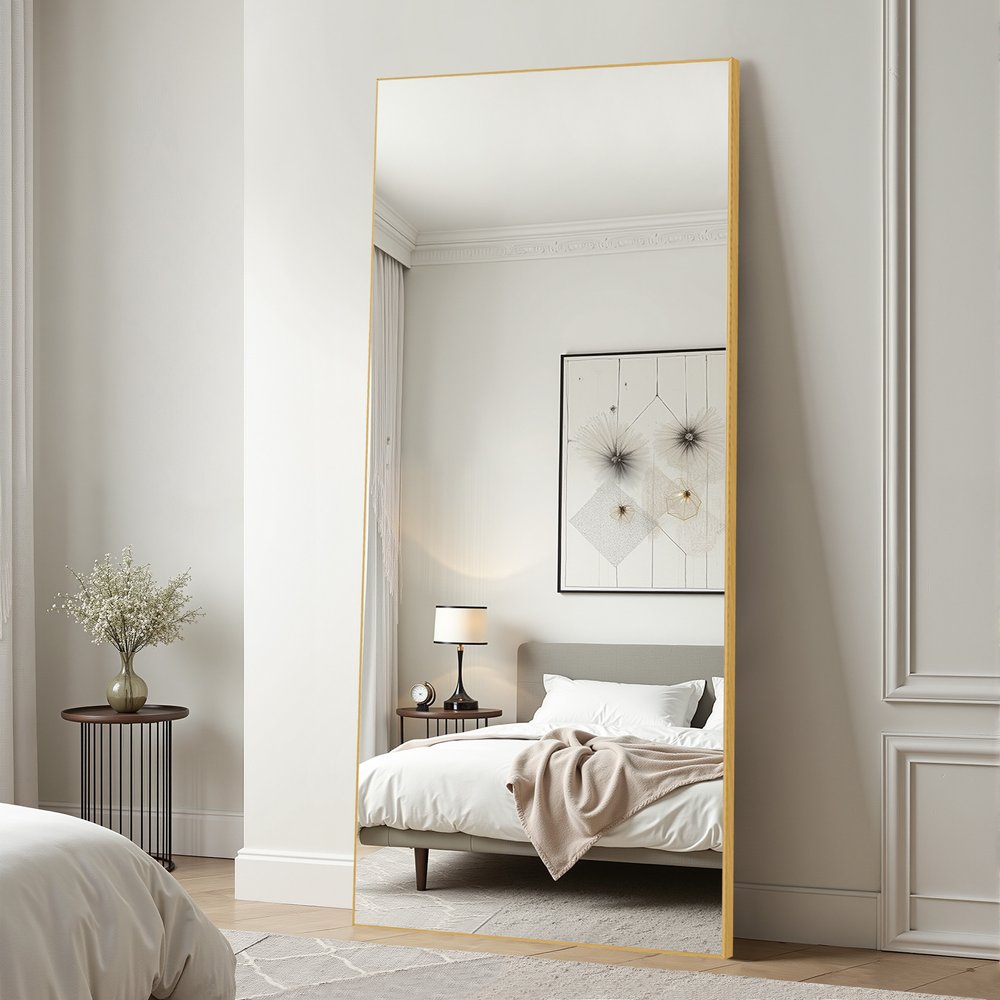 Gold Aluminum Freestanding Ornate Framed Accent Mirror