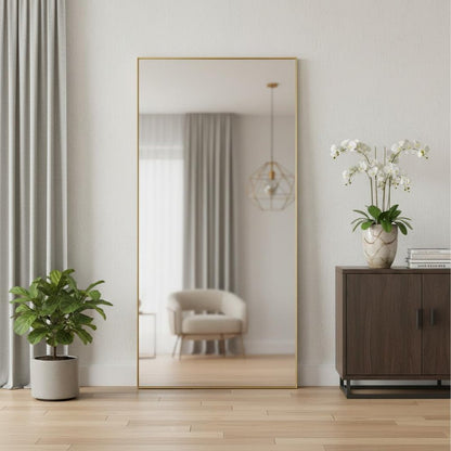 Gold Aluminum Freestanding Ornate Framed Accent Mirror