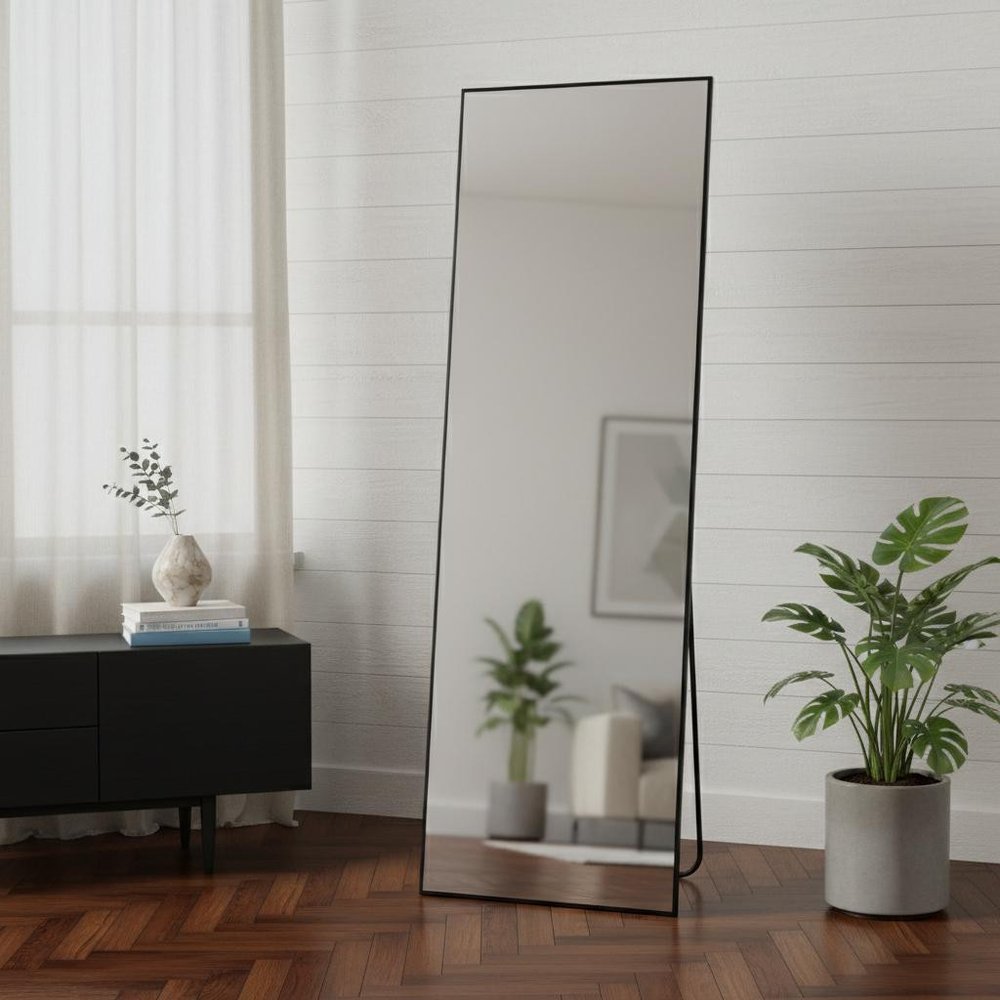 63" Black Aluminum Freestanding Ornate Framed Accent Mirror